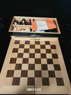 Levenger Wooden Chess & Backgammon Board Game Set, Storage Compartment