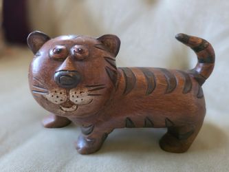 Hand-Carved Wooden Tiger Figurine 5"H X 9"L