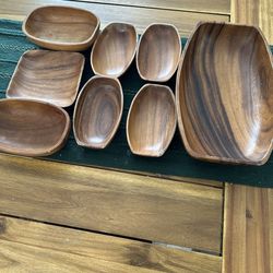 Mid-Century Teak Wood Serving Bowl & Tray Set (8-Piece) – Organic Modern