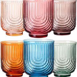 Colored Vintage Drinking Glasses Set of 5-14Oz Colorful Drinking Glasses, Art Deco Ripple Highball Glass, Whiskey Cocktail Glasses, for Bar Ice Coffee