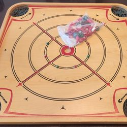 Vintage Carrom 2 Sided Game Board with Game Pieces 