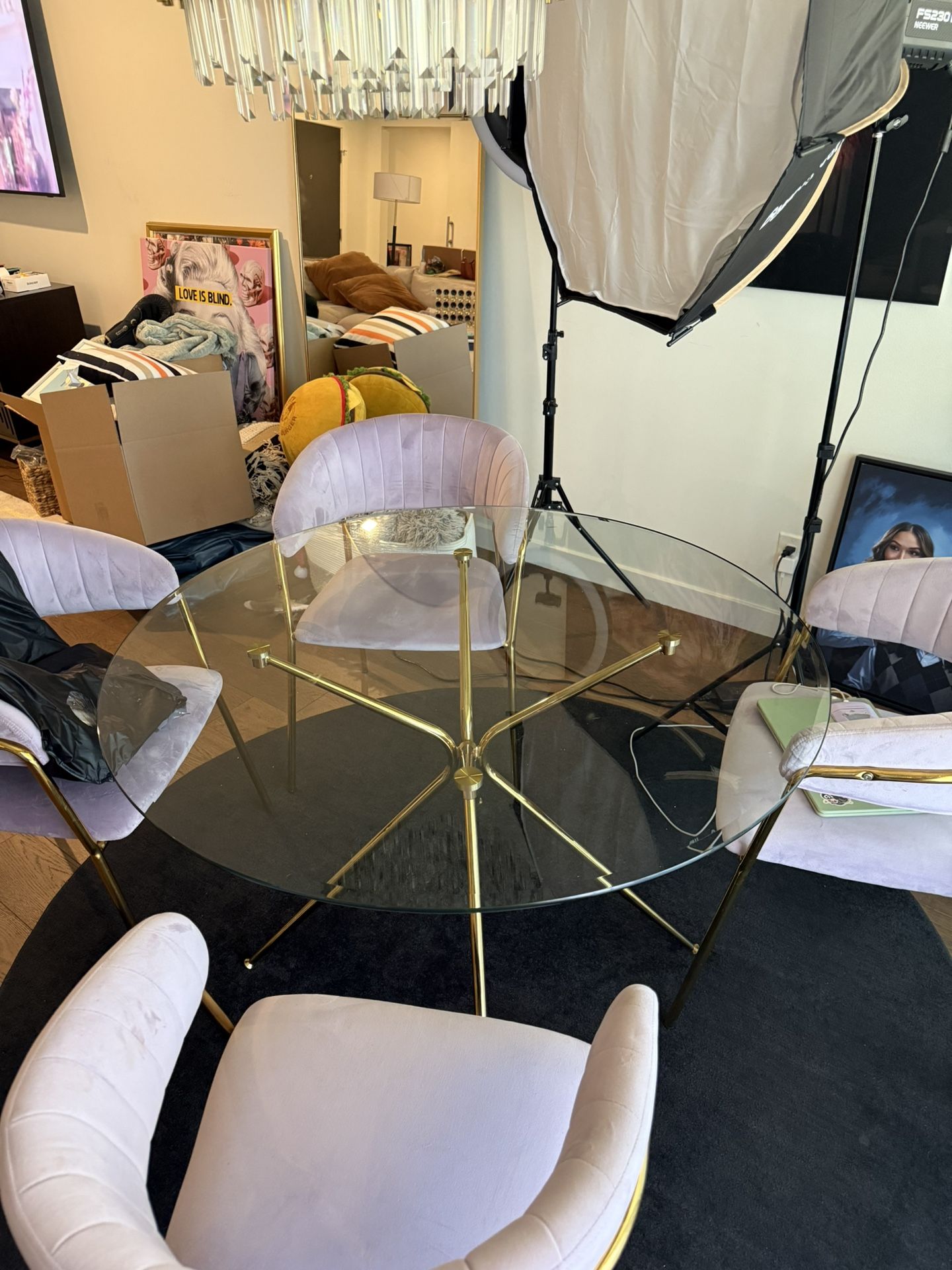 Modern Gold Glass Dining Table Set (Table + 4 Velvet Chairs)