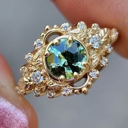 Uniquely Designed Sea Green Vintage Style Gold Tone Ring 