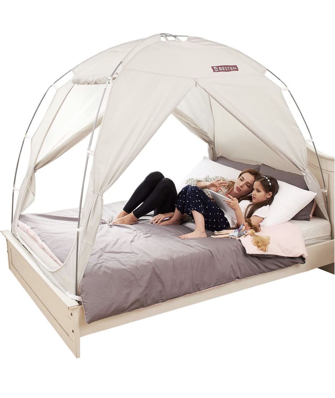 BESTEN Floorless Indoor Privacy Tent on Bed with Color Poles for Cozy Sleep in Drafty Rooms (Full/Queen, Gray)