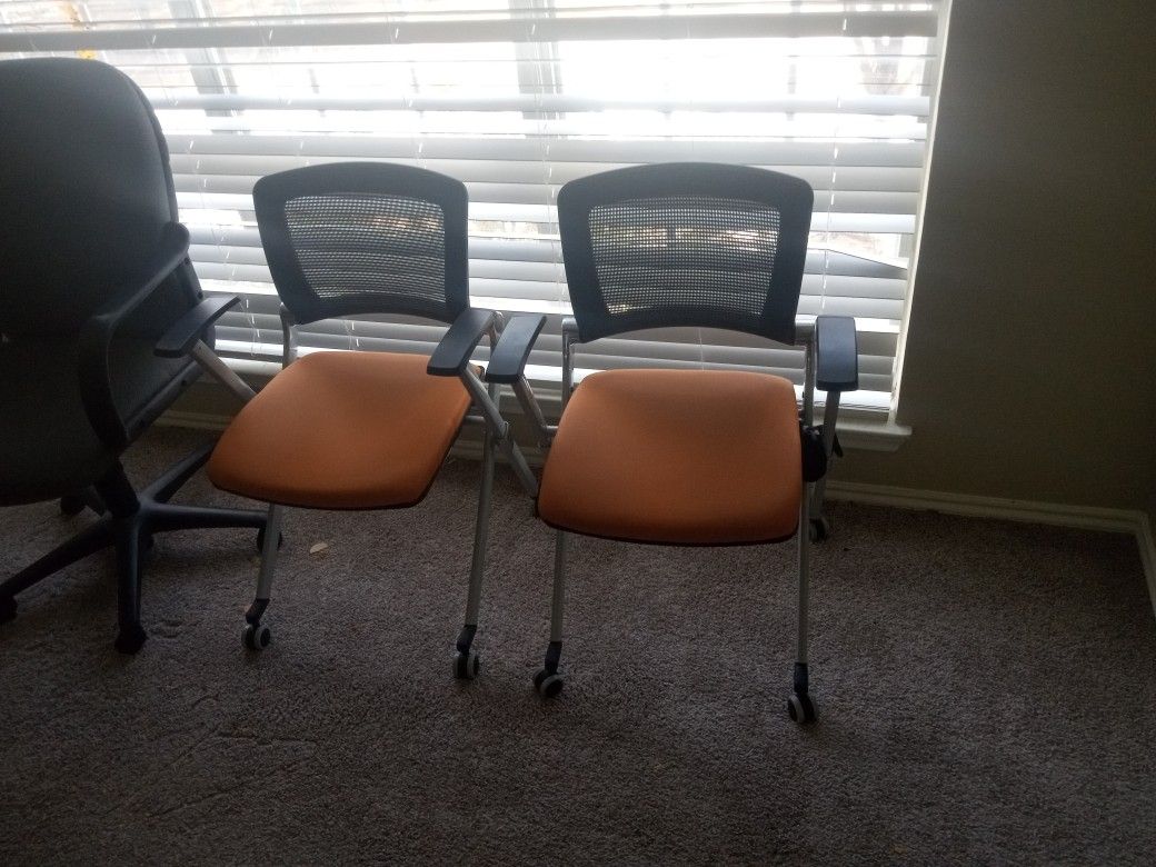 Pair Of Rolling Office Chairs Tan Seat Black Mesh Aback 