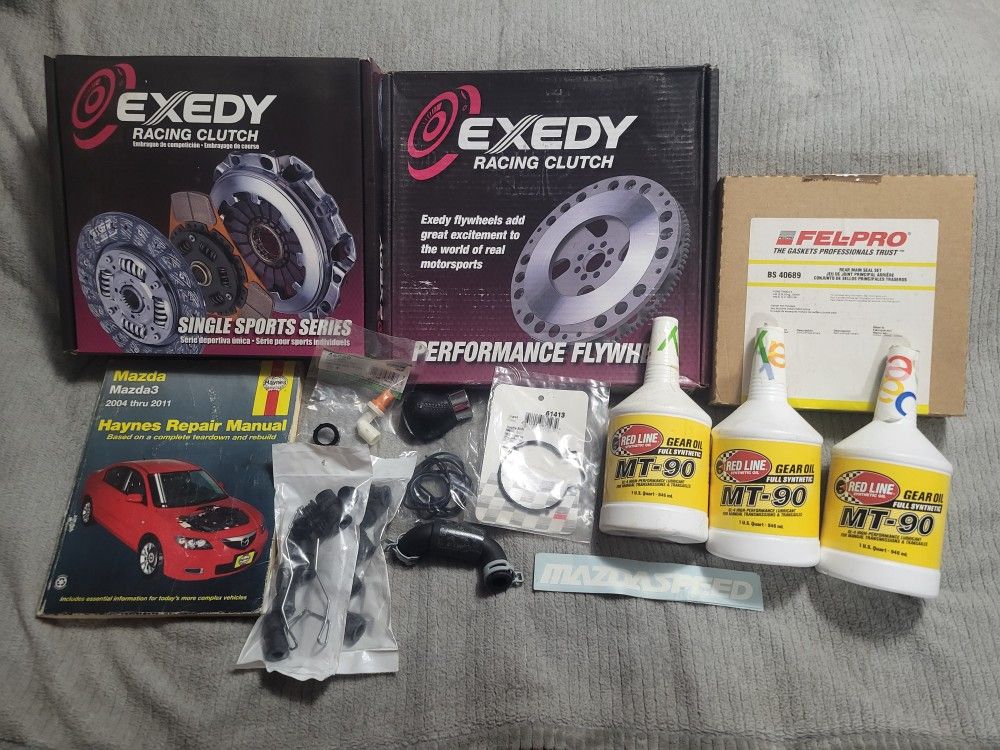 Exedy stage 1 clutch kit, light weight flywheel and other misc. parts for Mazda3 hatchback non-turbo.