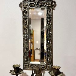 Will Ship ! Antique Victorian Era  Brass Framed Mirrored Wall Sconce Adorned by Two Dolphins Victorian Style and Two Candle Holders 18th Century  