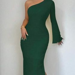 Dark green one-shoulder long sleeve bodycon