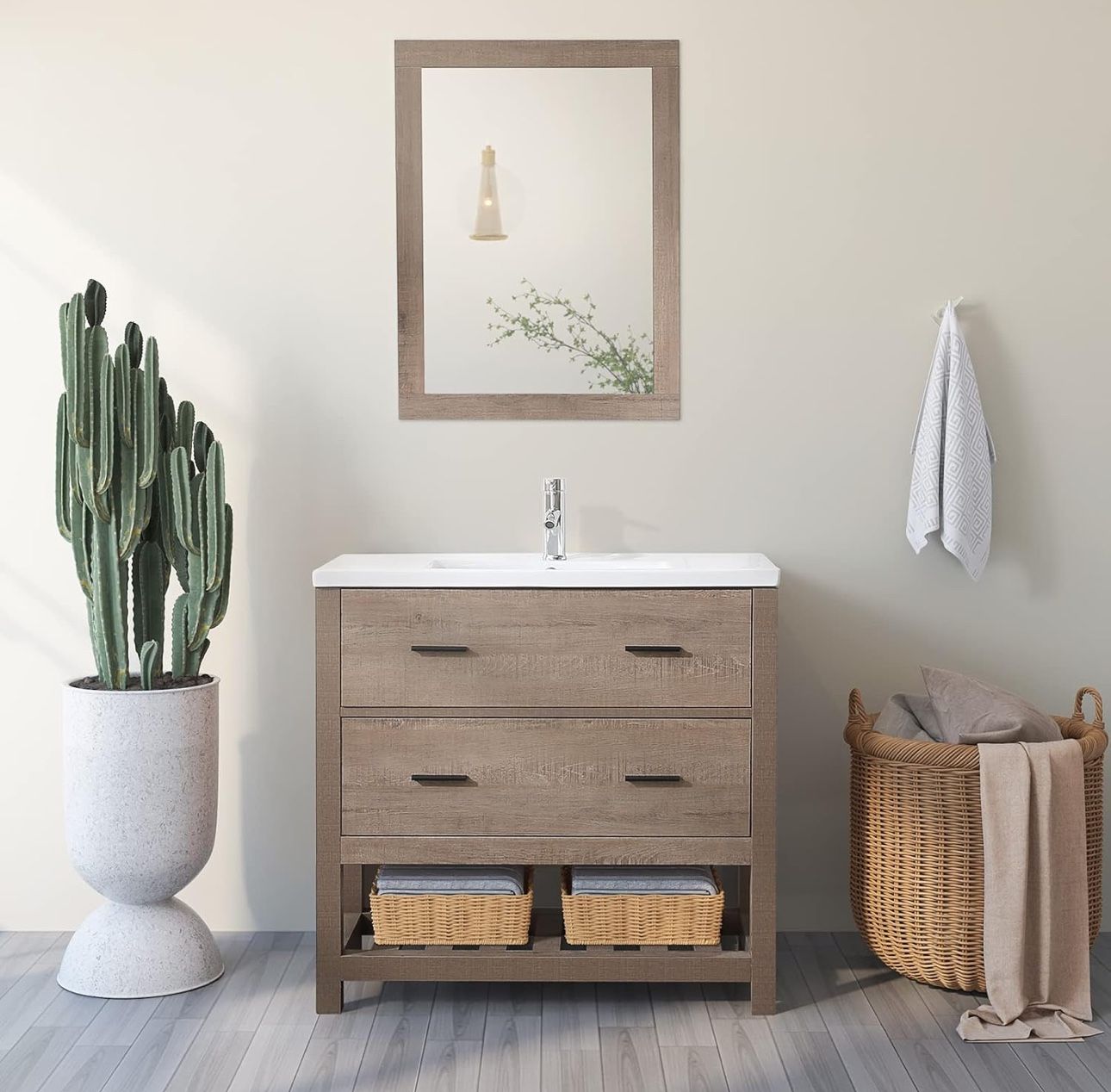 Pre-assembled 32 Inch Bathroom Vanity with Ceramic Vessel Sink,Chrome Faucet Drain,Mirror,Double Drawer and Shelf Vanities Set Modern Wood Color