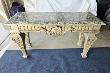 Marble coated manufactured Top Console Table with Carved Wood Base