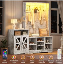 Rustic White Hall Tree Organizer with LED Light Remote App