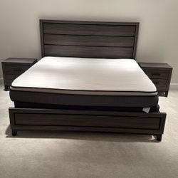 Modern King Bed Frame (79” x 83”) + 2 Nightstands (16.5” x 23.5”) + Optional Mattress/Box Spring – Excellent Condition