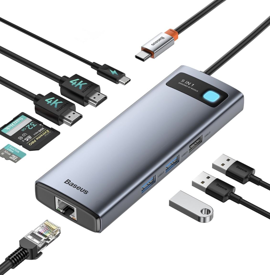 Baseus Laptop Docking Station Dual Monitor 4K@120Hz, 9 in 1 USB C Hub with 2 HDMI, 1000Mbps LAN, 100W PD, 3 USB, SD Card Reader, USB C Dock