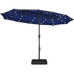 13FT Double-Sided Patio Umbrella w/Solar Lights & Base, Navy Blue