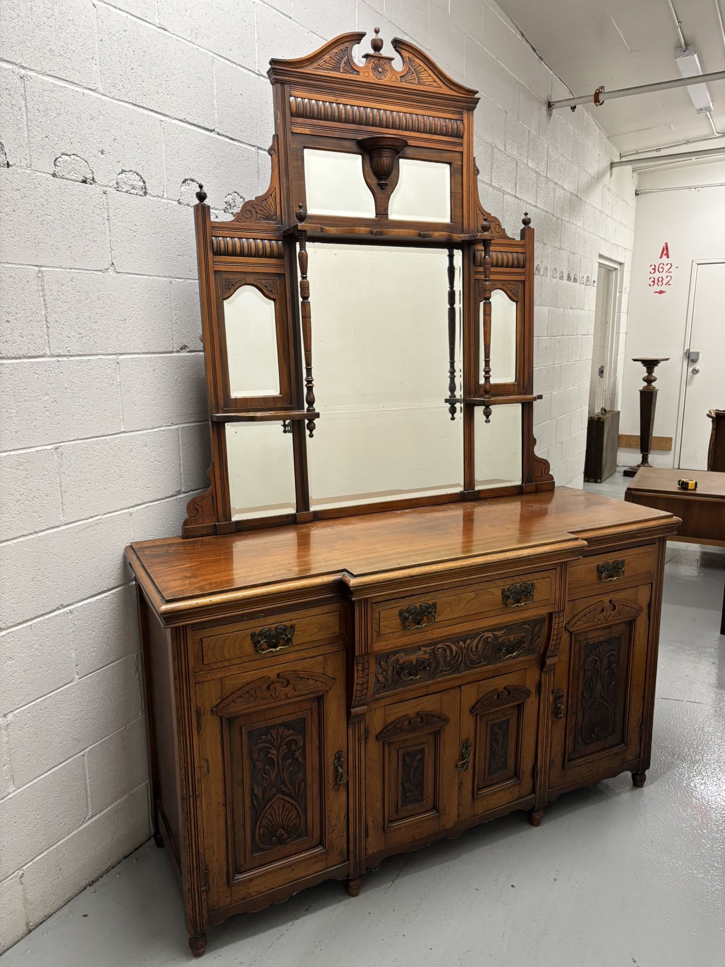 Antique Victorian Sideboard - Carved Tiger Oak with Mirror