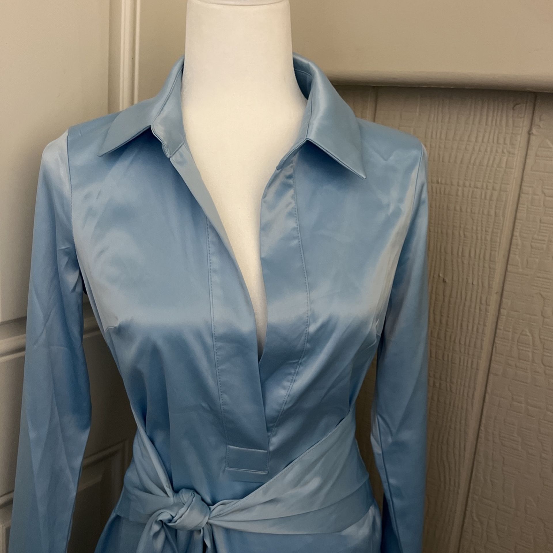 Fashionnova Baby Blue Satin Mini Skirt, Long Sleeve Front Knot Dress
