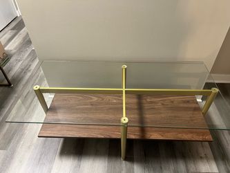 Glass and Walnut Coffee Table with Gold Frame