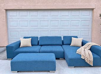 Blue Fabric Sectional Sofa with Ottoman