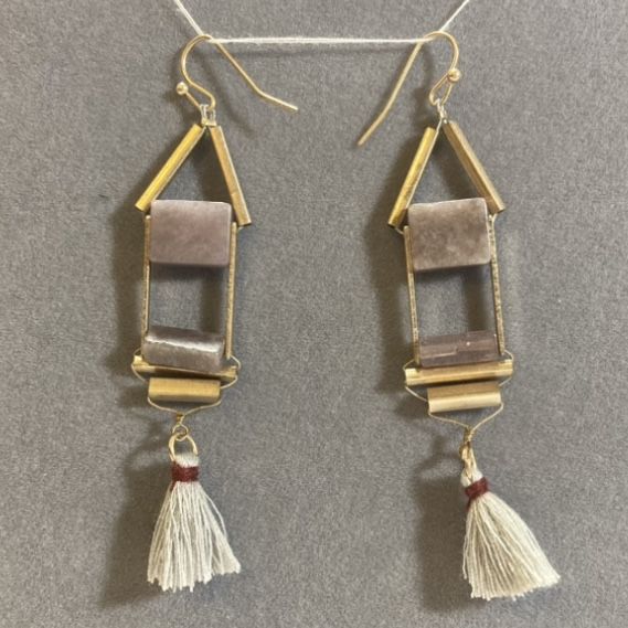 Gold Earrings with Stone & Fringe