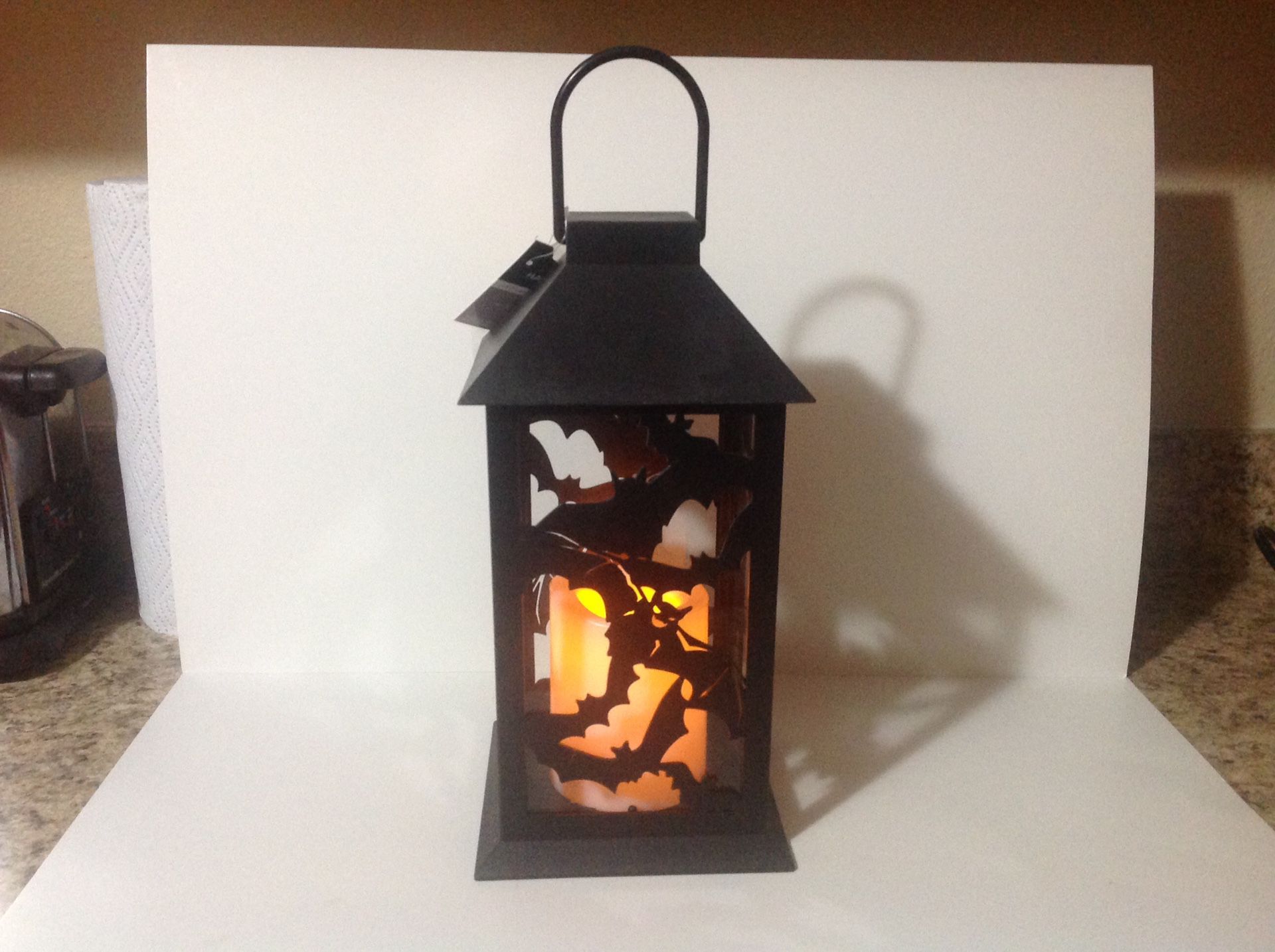 Halloween Gothic Black & Orange LED Flickering Lantern With Bats Design Brand New