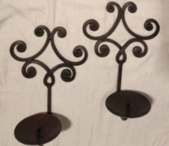 Set Of 2 Vintage Wall Mount Iron Metal Pillar Candle Holder Sconces