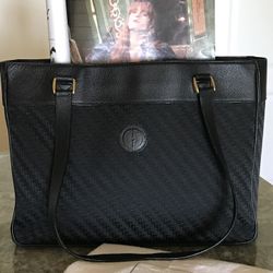 Genuine GUCCI GG Canvas Leather Black Tote Bag Purse