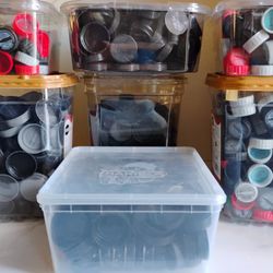 (7) BIG TUBS ~ 100's  & 100's OF PLASTIC BOTTLE CAPS FOR CRAFTS