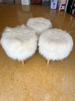 Set of 3 White Faux Fur Ottoman Stools