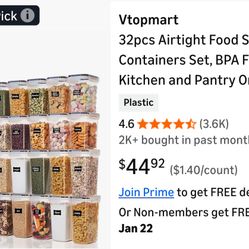 Vtopmart 32pcs Airtight Food Storage Containers Set, BPA Free Plastic Kitchen and Pantry Organization Canisters with Lids