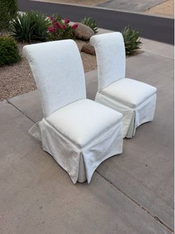 Walter E. Smithe White Upholstered Dining Chairs - QTY 6 ($300 ea.) Skirted Base, Rolled High Back