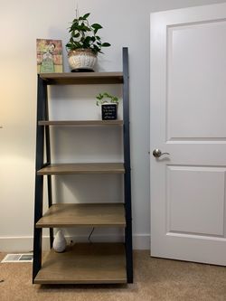 Flynn 72” Ladder Bookshelf - 5 tier dark gray metal & light gray wood
