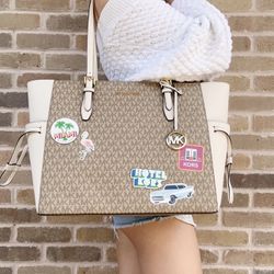 Michael Kors Gilly Large Drawstring Zip Tote Light Cream MK Signature Miami