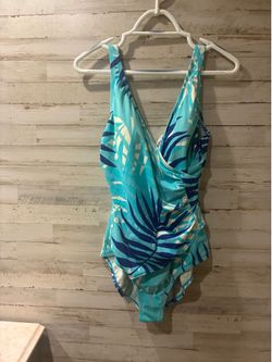 Jantzen Classics Tropical Palm Print Ruched V-Neck One-Piece Swimsuit