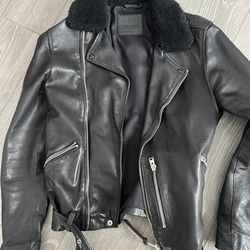 ALLSAINTS Black Leather Jacket with Shearling Collar XS