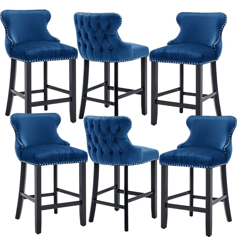 Velvet Bar Stools Set of 6,Tufted Counter Height with Back, Upholstered Wooden Stools for Kitchen Island Dining, Cafe, Pub (Navy Blue)