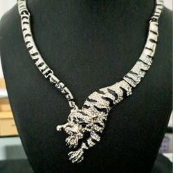 Silver Tiger Statement Necklace With Pave Crystals