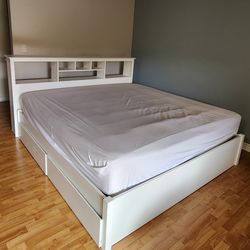 Prepac King Size Bed Headboard, 4-Post Raised Platform 4-Drawer Storage Bed and Ikea mattress/OBO