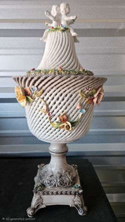 Vintage Italian Porcelain Covered Urn Cherub Basket Centerpiece, Bassano Italy / Accetta Imports