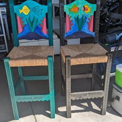 Hand painted wood And Rattan Bar Stools