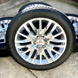 New 2025 22" GMC Yukon Denali OEM Polished Wheels and Bridgestone Tires 100% Tread 