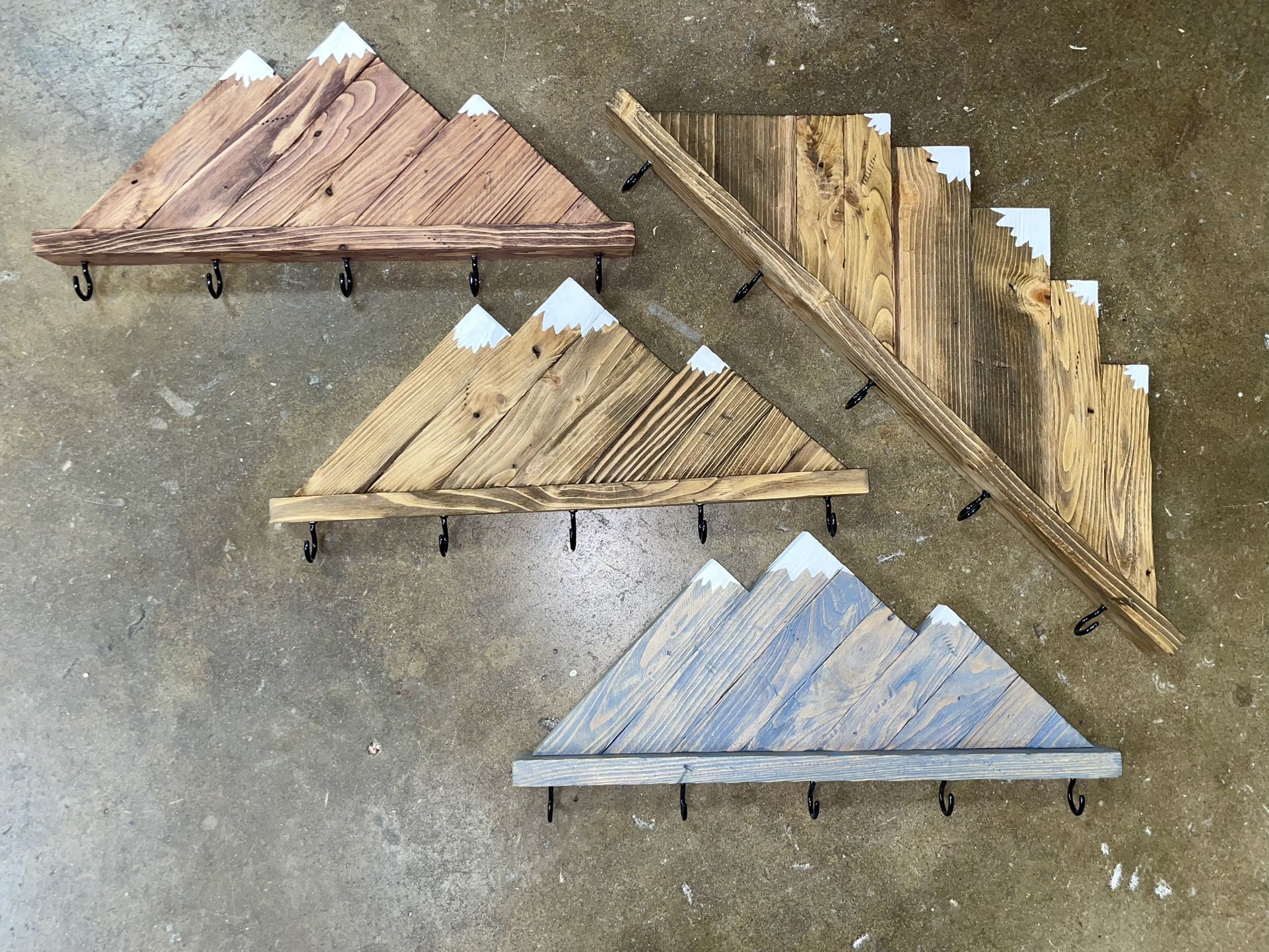 Weathered Wood Mountain Shelves with Hanging Hooks for Entryway Storage - Various Sizes and Stains