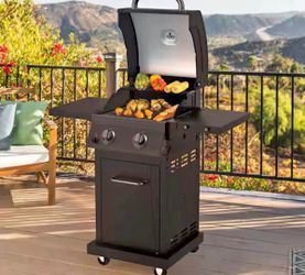 2 Burner Propane Gas Grill with Folding Side Shelves in Black. Note :- 1 shelf has a dent please see pictures. Nexgrill Model # RD