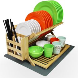 Bamboo 3-Tier Dish Drying Rack Collapsible w/ Mat Utensil Holder