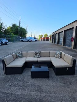 Massive Luxury Outdoor Wicker Sectional Patio Set-6 Pieces Seating + Glass Coffee Table- delivery -