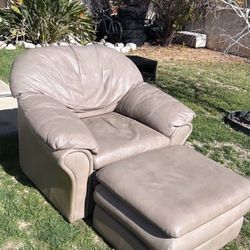 Tan Leather Chair And Ottoman Set 