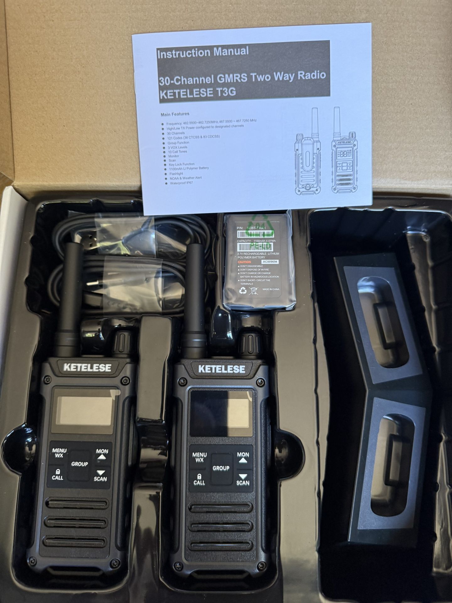Brand New T3G IP67 Waterproof Walkie Talkies for Adults, Heavy Duty 2 Way Radios with Earpiece, Three Charging Options, GMRS Radio, USB, NOAA, VOX(2 P