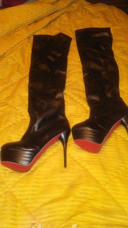 Red bottom black leather thigh high boots
