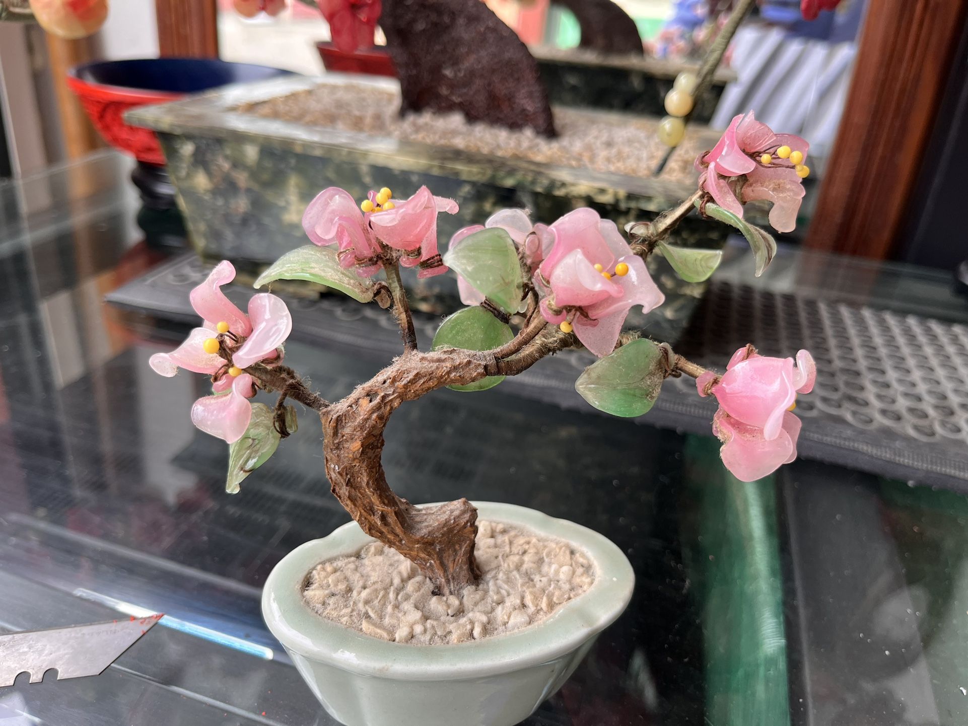 Chinese Mid-Century Modern Pink and Green Glass Fortune Tree in Porcelain Vase