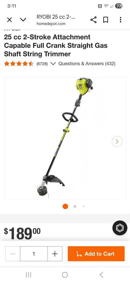 RYOBI
25 cc 2-Stroke Attachment Capable Full Crank Straight Gas Shaft String Trimmer