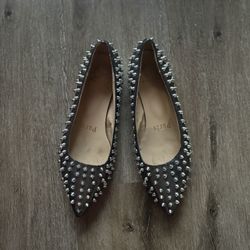 Christian Louboutin Studded Pointed-Toe Flats – Black Leather – Size 38 (US 7.5-8)